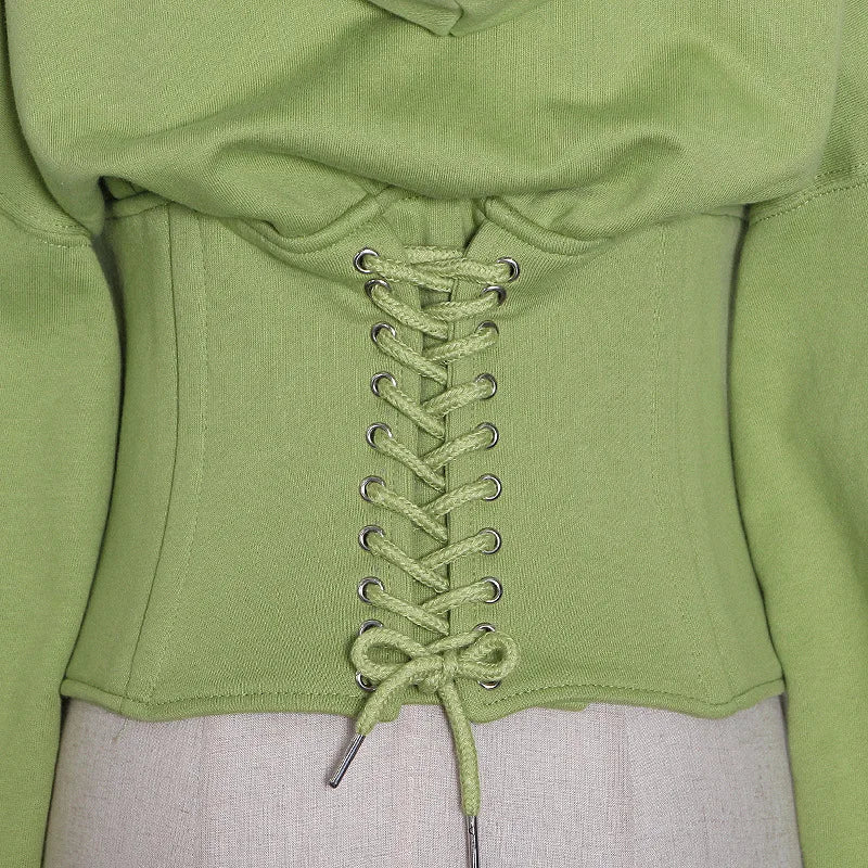 Trendy Green Hoodie with Corset Design for Women Hoodies