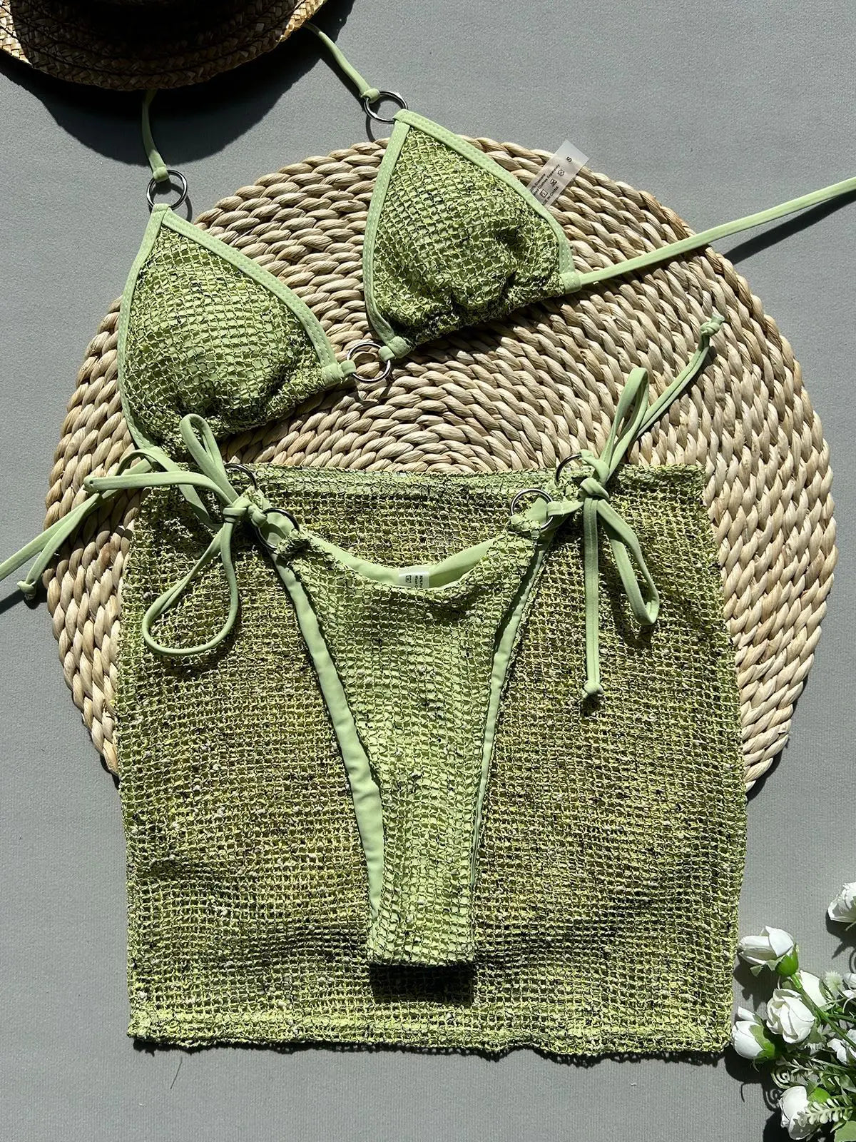 Beachwear 3 Piece Green Bikini with Mesh Skirt Swimwear