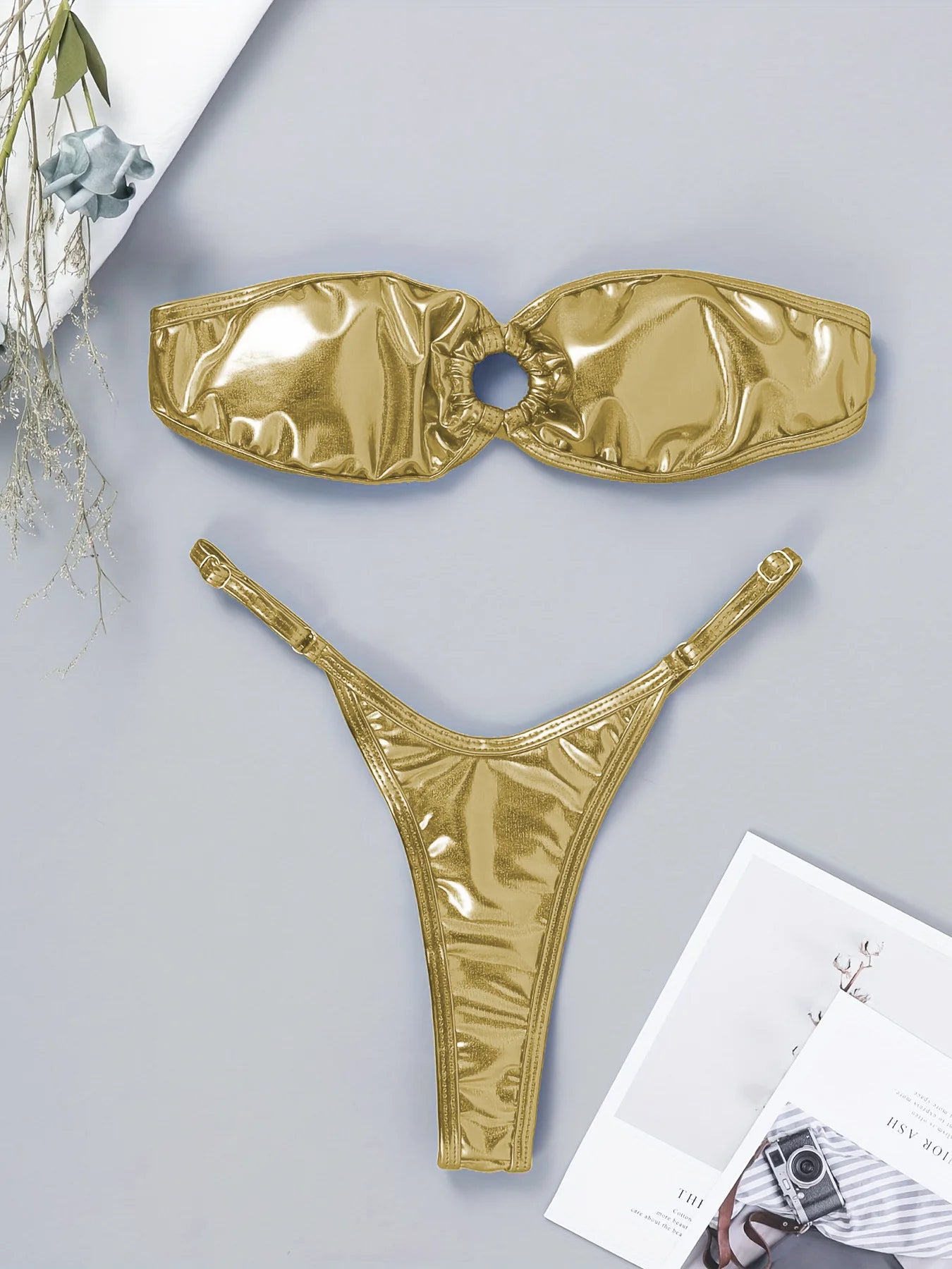 Sparkle Metallic Bikini Set Bandeau Bra and Brazilian Bottoms