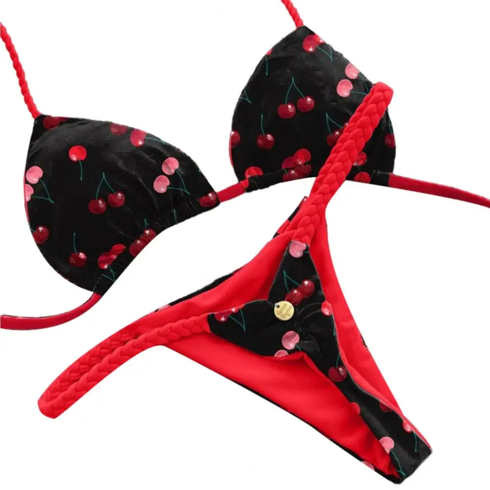 Cherry Triangle Bikini with Braided Straps for Summer Escapes	