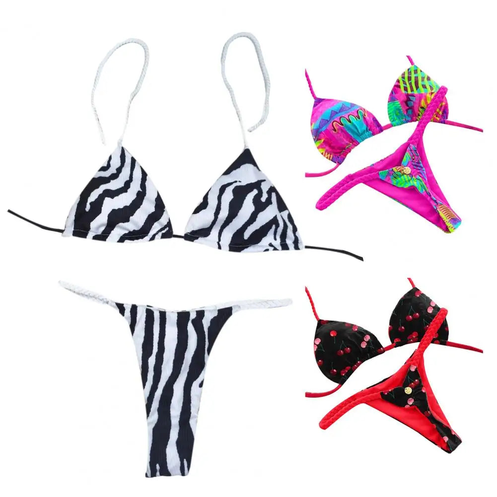 Cherry Triangle Bikini with Braided Straps for Summer Escapes