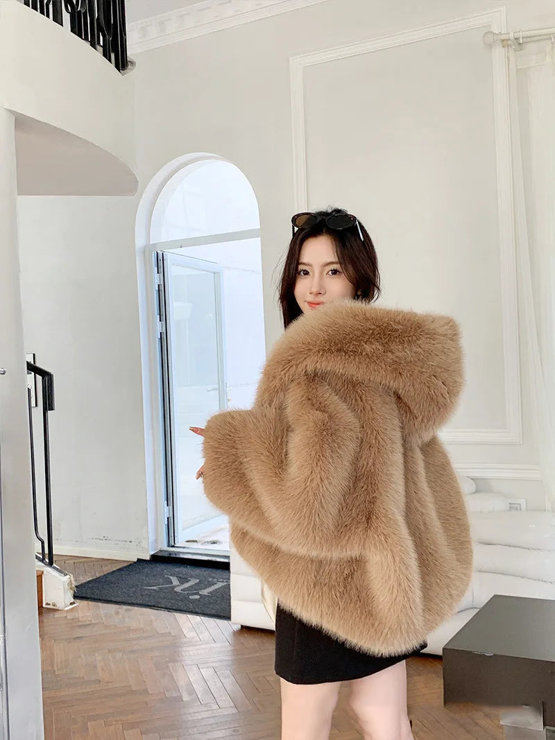 Women's Faux Fur Coat with Hood for Winter Coats