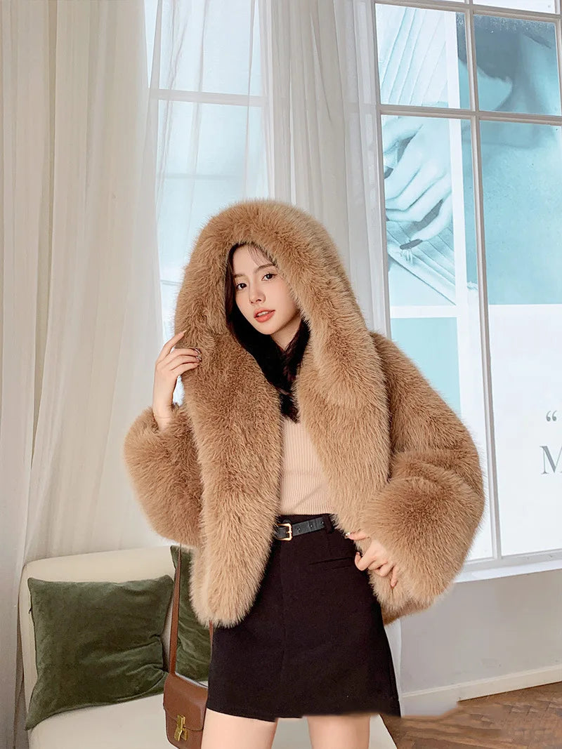 Women's Faux Fur Coat with Hood for Winter Coats