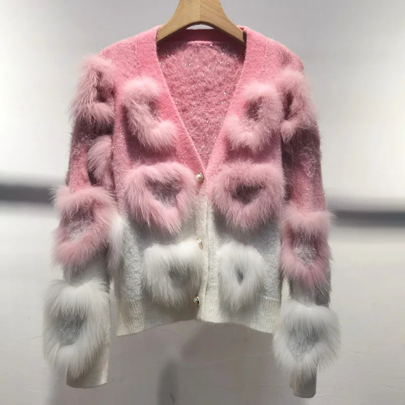 Women's Fox Fur Ombre Cardigan with Sparkle Accents	