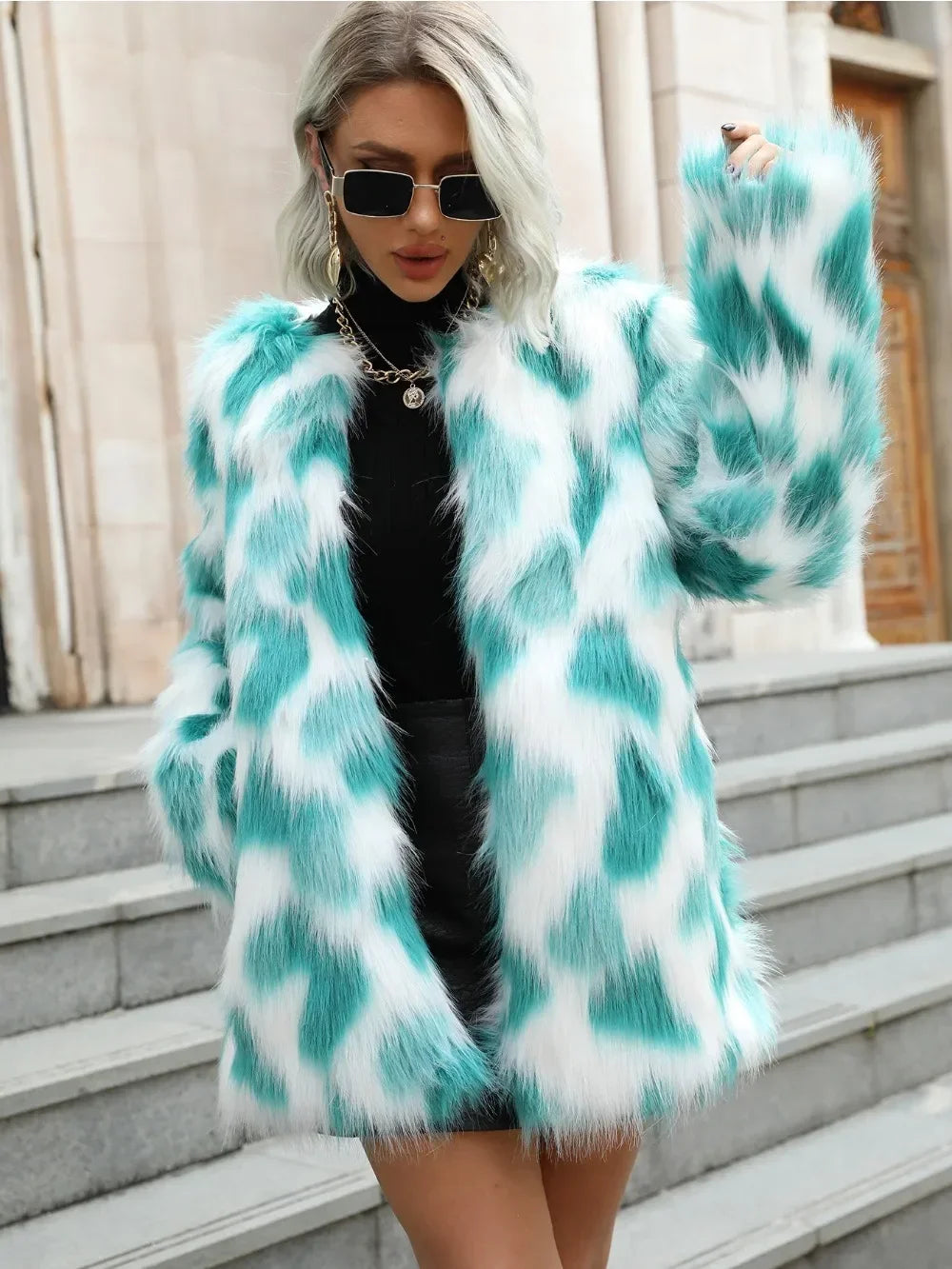 Winter Faux Fur Coat - Teal & White Outerwear	