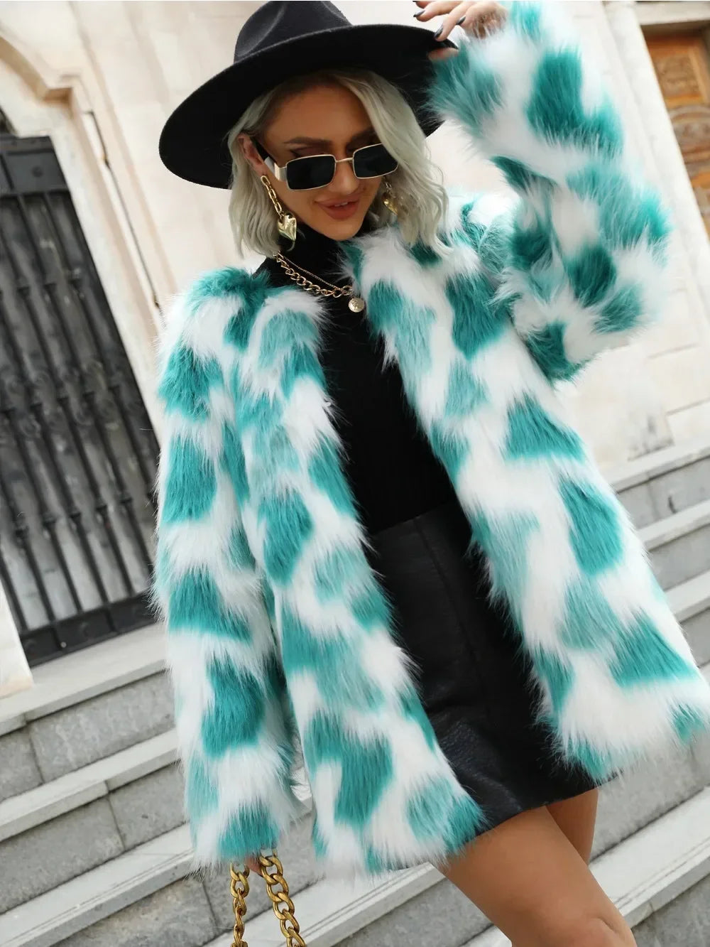 Winter Faux Fur Coat - Teal & White Outerwear Faux Fur Jackets