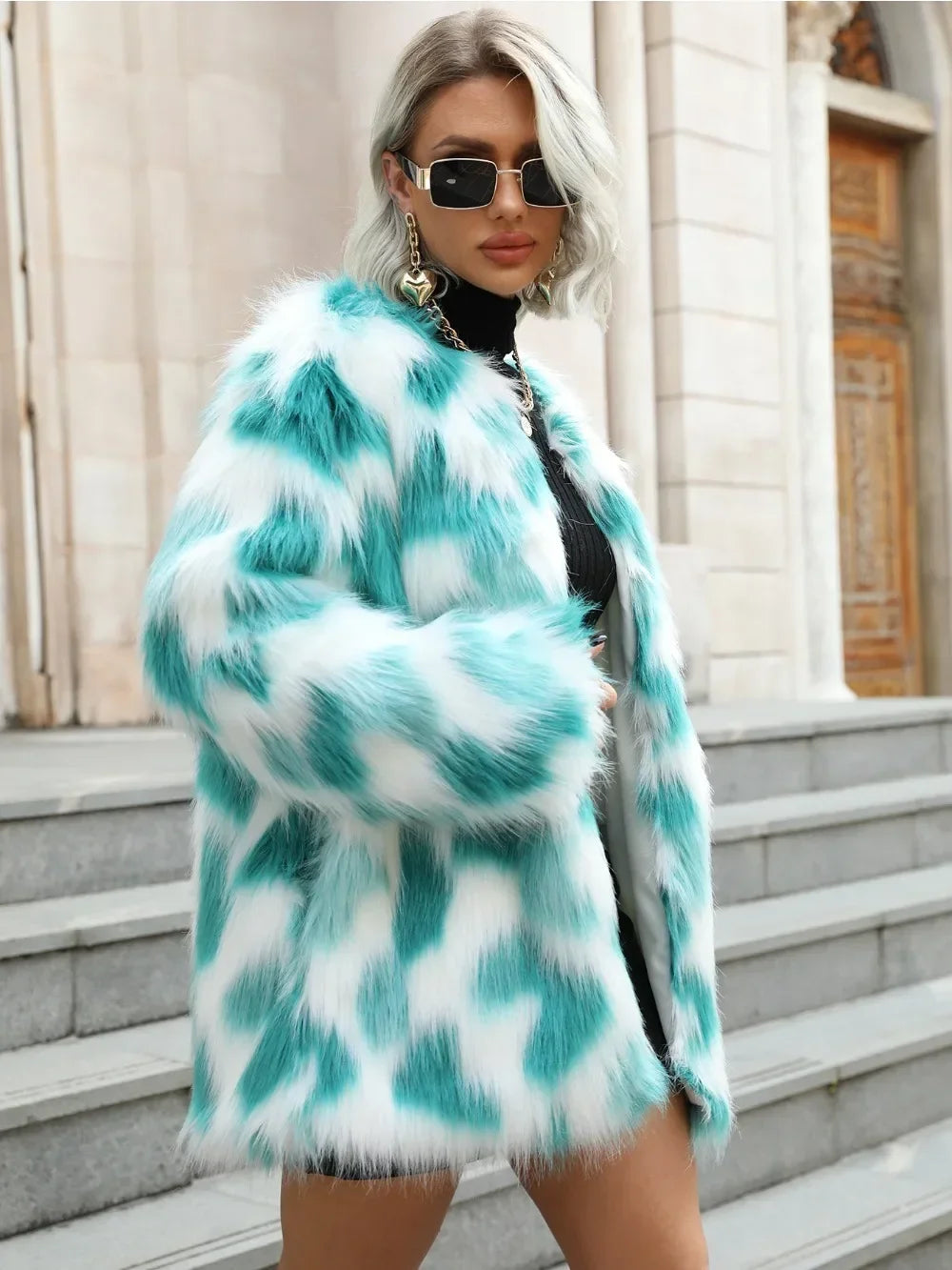 Winter Faux Fur Coat - Teal & White Outerwear Faux Fur Jackets