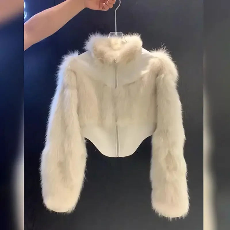 Urban High Neck Faux Fur Jacket Crop Jackets