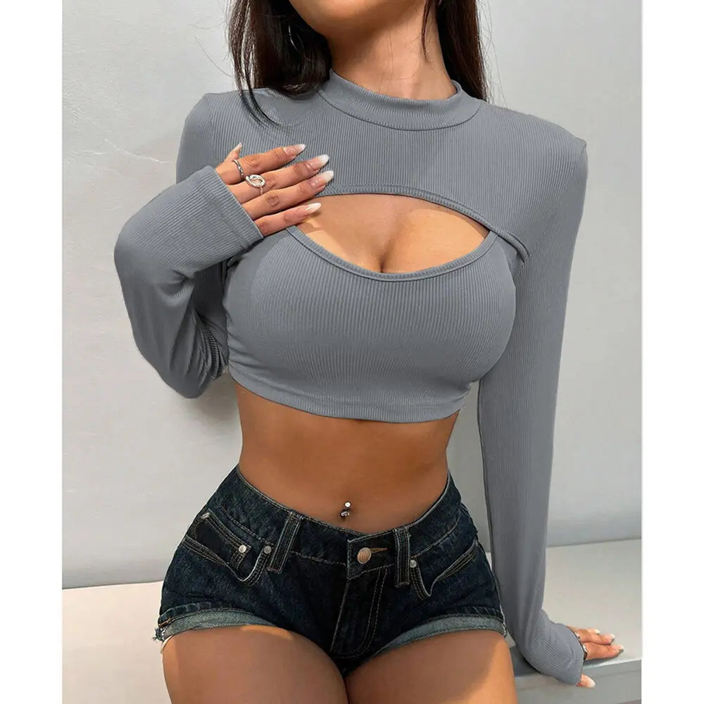 Trendy Gray High Neck Crop Top with Front Cutout Crop Tops