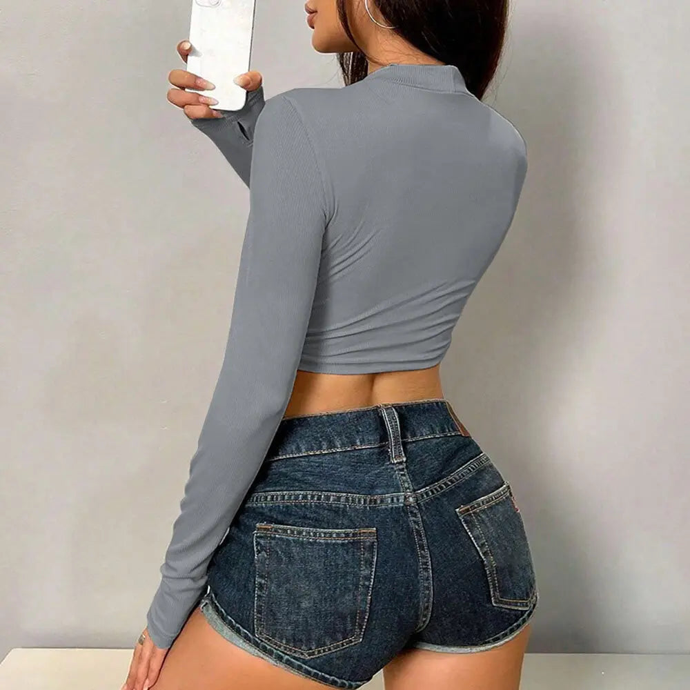 Trendy Gray High Neck Crop Top with Front Cutout Crop Tops