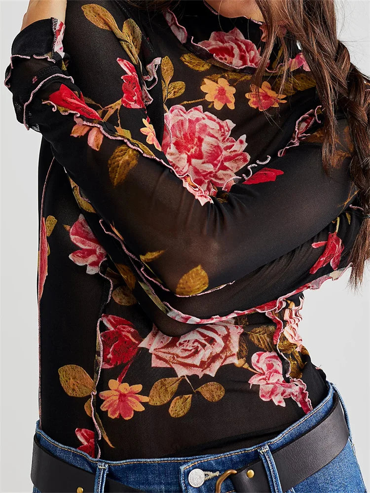 Floral High-Neck Blouse with Ruffles Mesh Tops