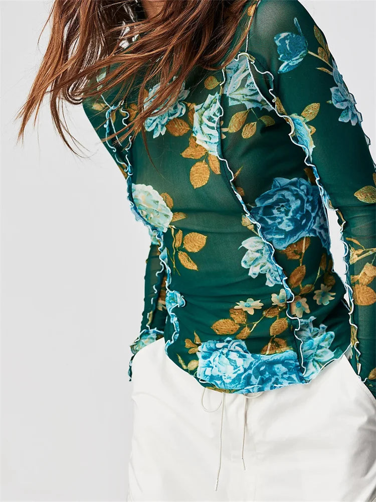 Floral High-Neck Blouse with Ruffles Mesh Tops