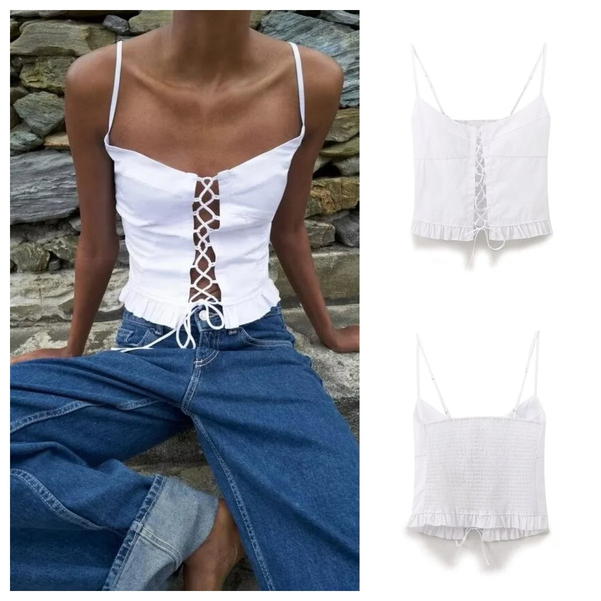 Casual White Lace-Up Cami Top with Smocked Back	