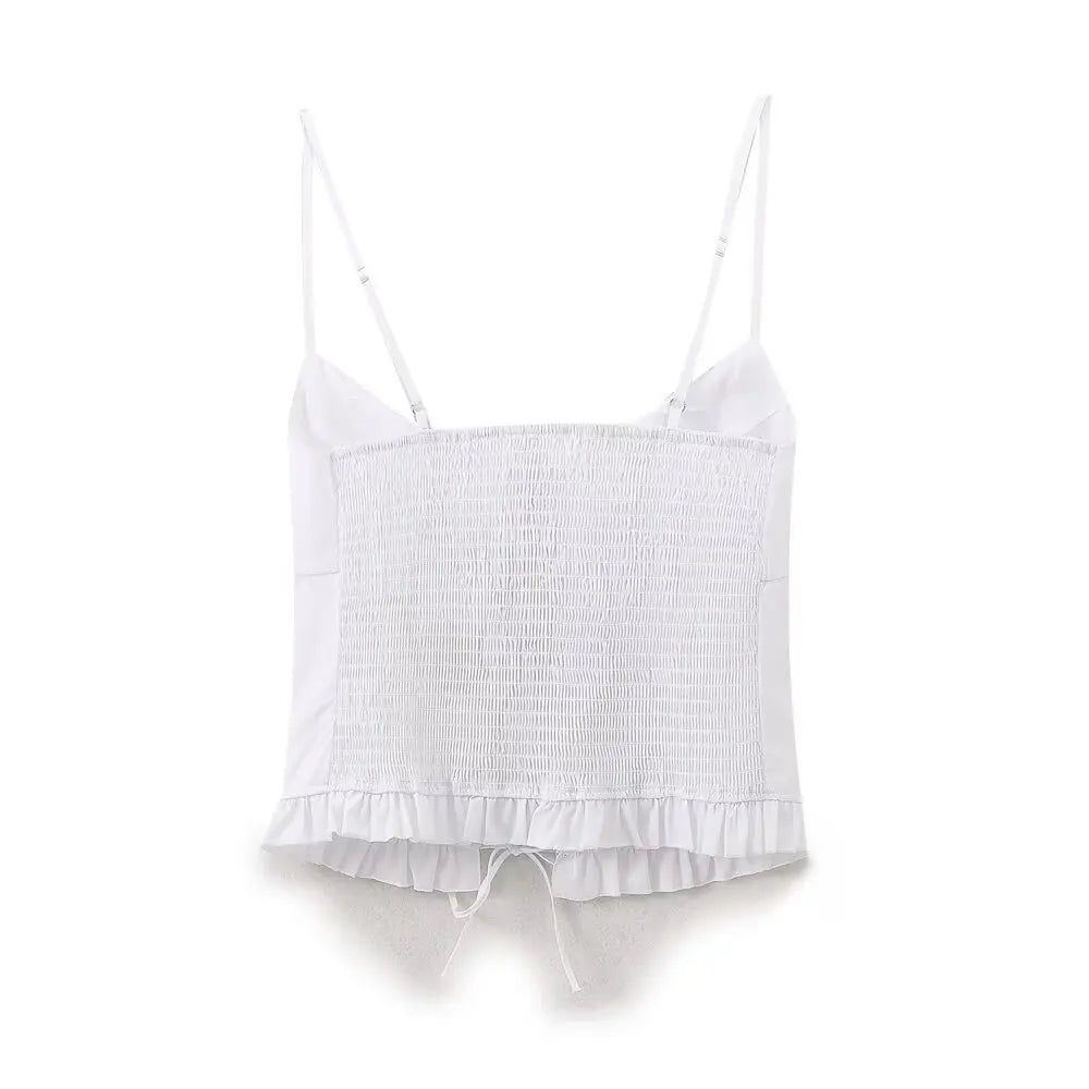 Casual White Lace-Up Cami Top with Smocked Back Cami Tops