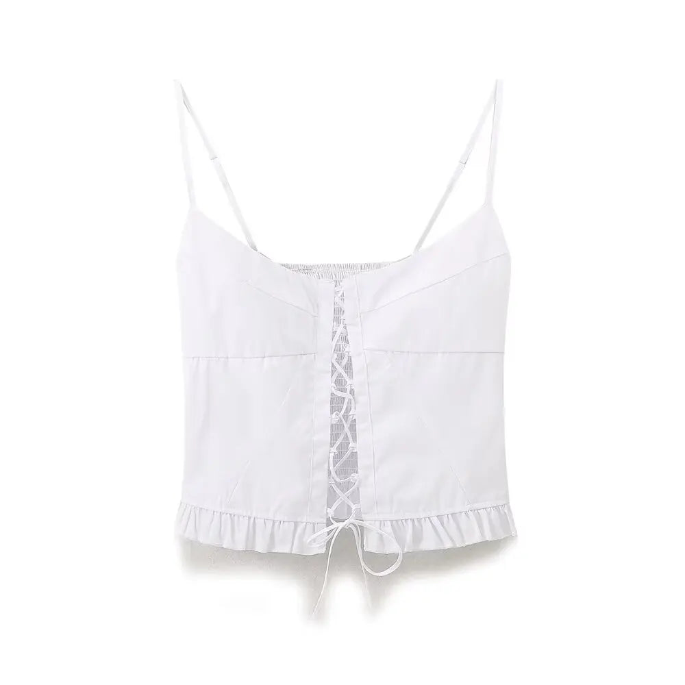 Casual White Lace-Up Cami Top with Smocked Back Cami Tops