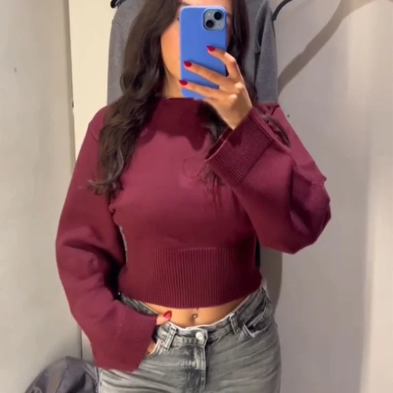 Women's Cropped Knit Sweater with Flared Sleeves Sweaters