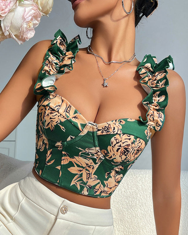 Summer Garden Floral Ruffle Bustier Top Blouses