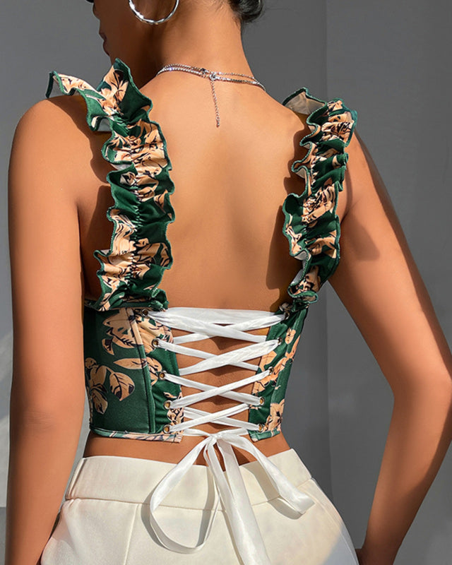 Summer Garden Floral Ruffle Bustier Top Blouses