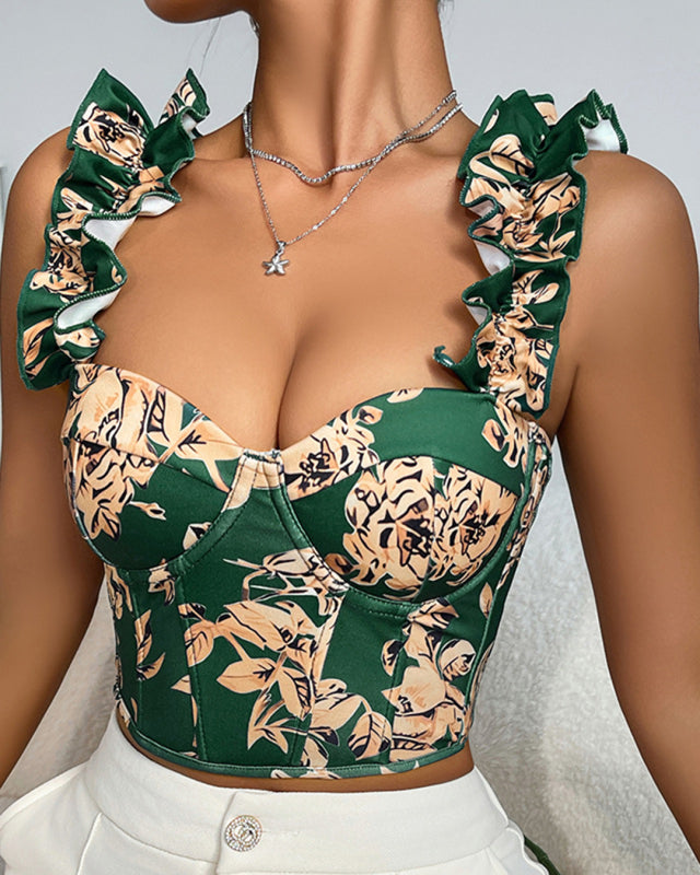 Summer Garden Floral Ruffle Bustier Top Blouses