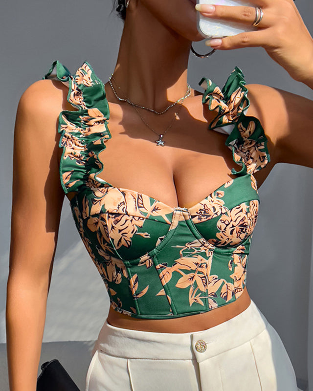 Summer Garden Floral Ruffle Bustier Top Blouses