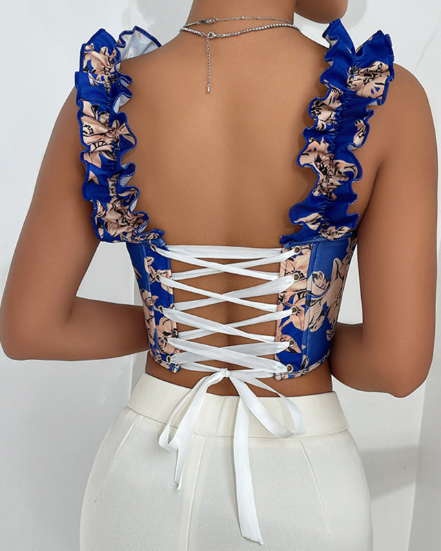 Summer Garden Floral Ruffle Bustier Top Blouses