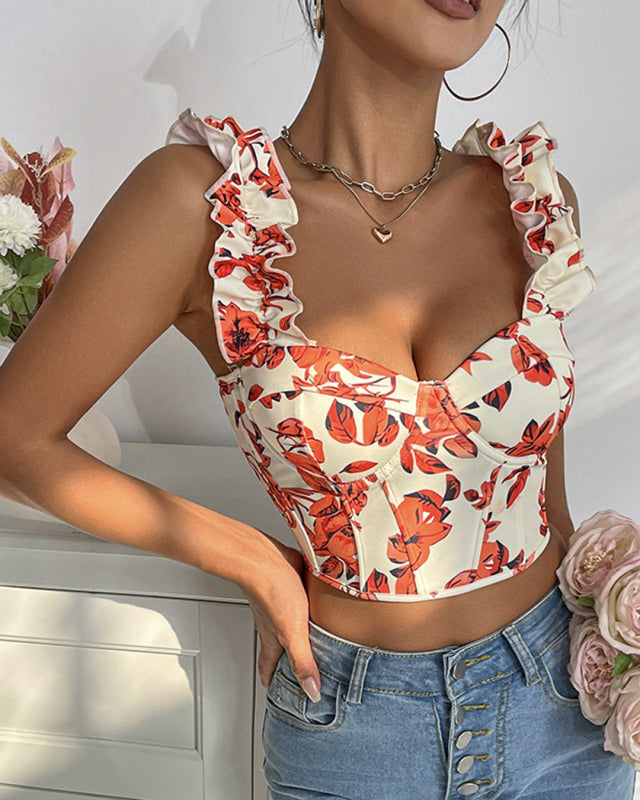 Summer Garden Floral Ruffle Bustier Top Blouses