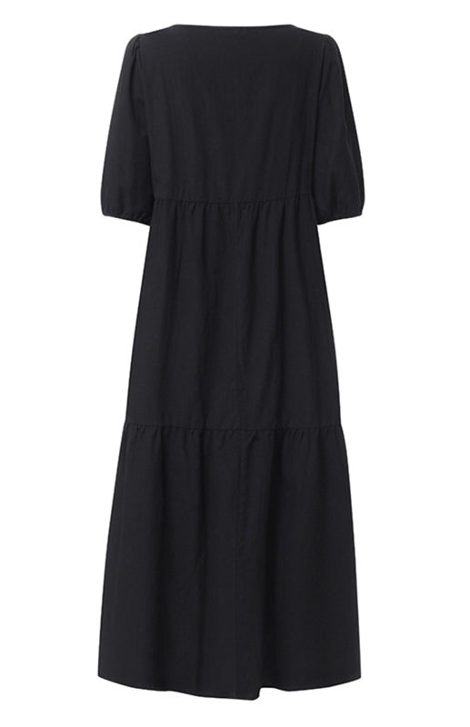 Solid Cotton Casual A-Line Tiered Midi Dress Dress