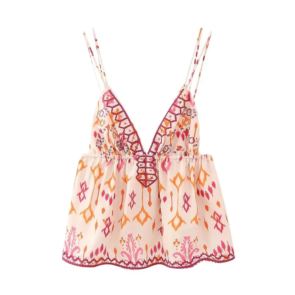 Colorful Embroidered Peplum Cami Top for Spring & Summer	