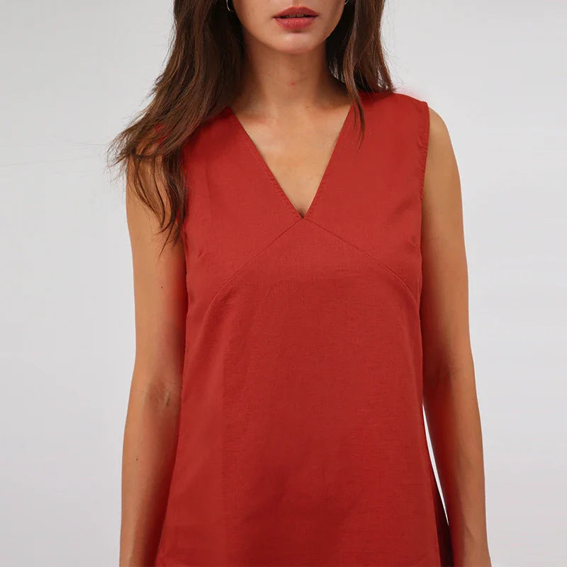 Women's V-Neck A-Line Mini Dress in Cotton Linen for Summer