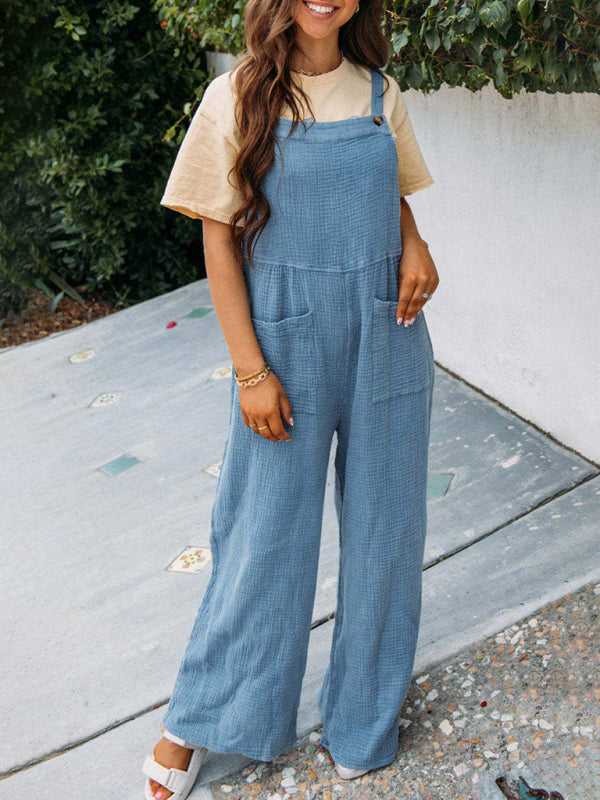 Textured Cotton Wide Leg Bib Overalls - Pocket Pantsuits Overalls