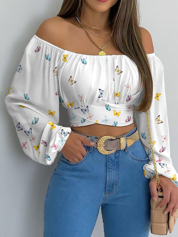 Floral Print Crop Blouse - Off-The-Shoulder Long Sleeves Top Crop
