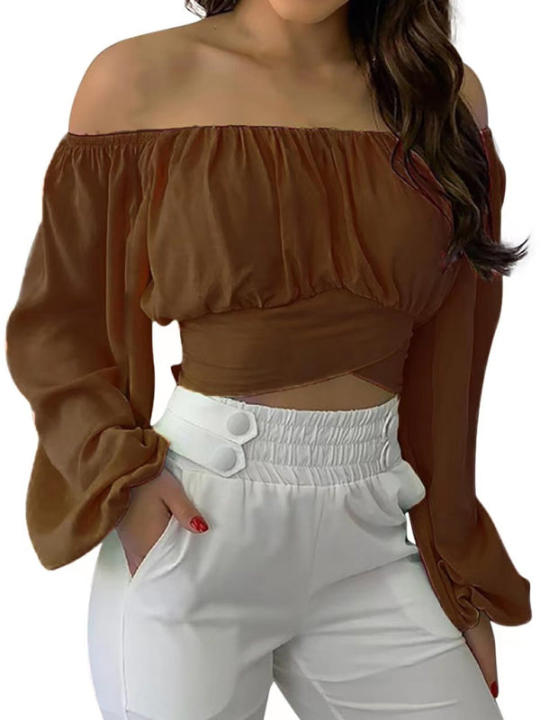 Floral Print Crop Blouse - Off-The-Shoulder Long Sleeves Top Crop