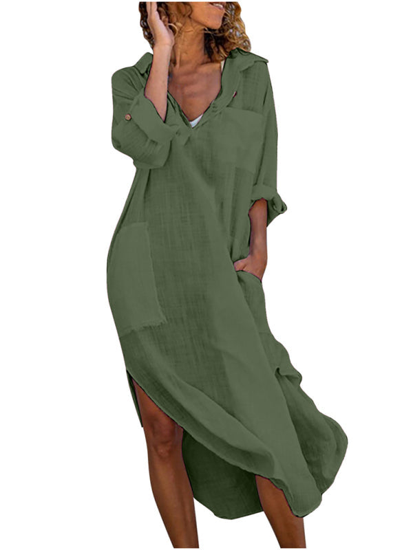 Essential Solid Cotton Tunic Shirt Dress with Roll-Up Sleeves