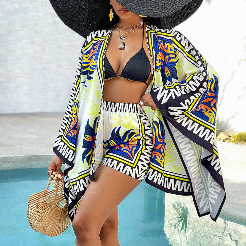 Beach Tribal Print 2-Piece Set with Board Shorts & Kimono Cover-Up	