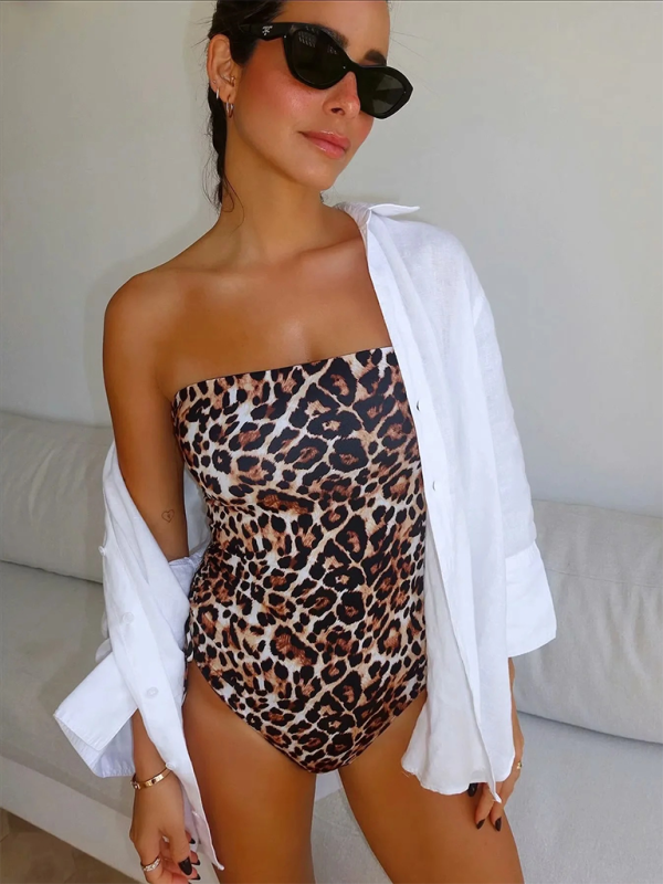 Bandeau One-Piece Swimsuit in Animal Print with Ruched Sides