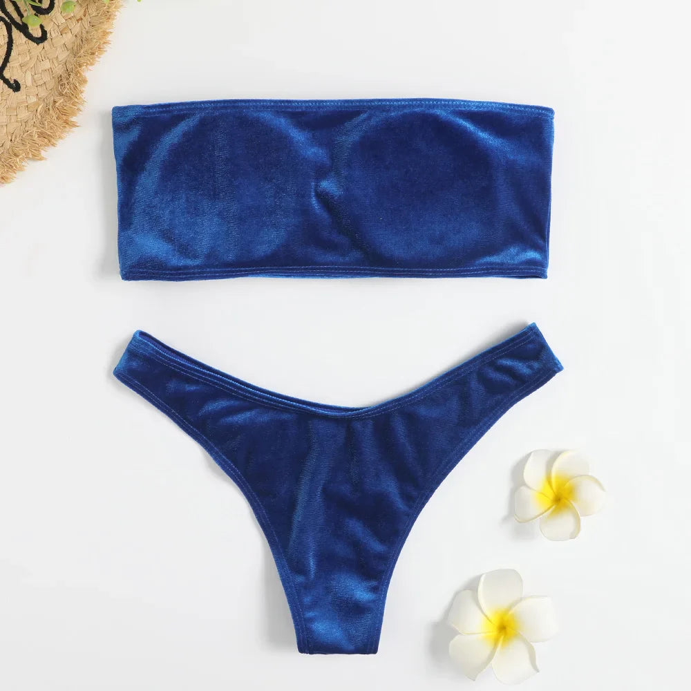 Beachwear Velvet Bandeau Bra & Bikini Set for Women Swimwear