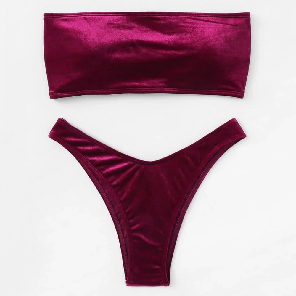 Beachwear Velvet Bandeau Bra & Bikini Set for Women Swimwear