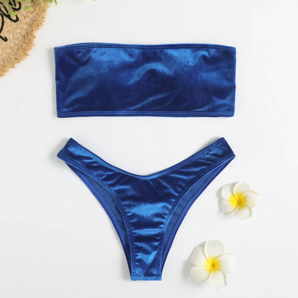 Beachwear Velvet Bandeau Bra & Bikini Set for Women Swimwear