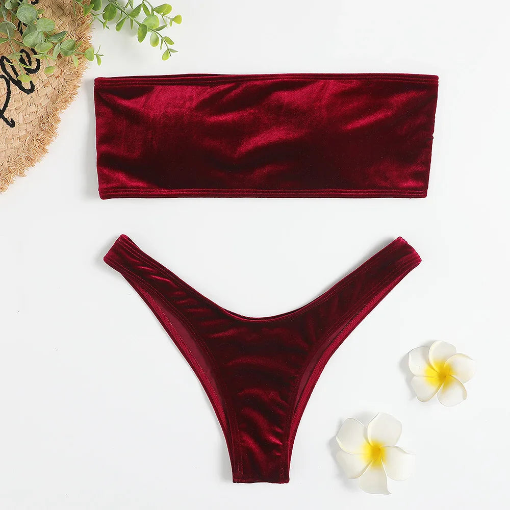 Beachwear Velvet Bandeau Bra & Bikini Set for Women Swimwear