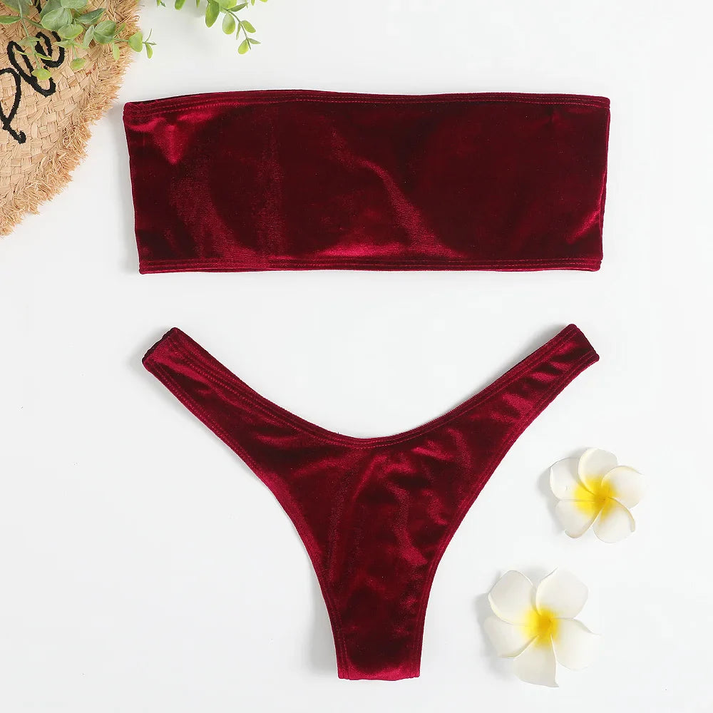 Beachwear Velvet Bandeau Bra & Bikini Set for Women Swimwear