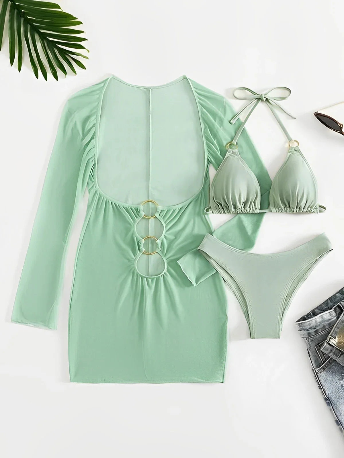 Beach Elegance Women Three-Piece Swimwear with Sheer Cover-Up