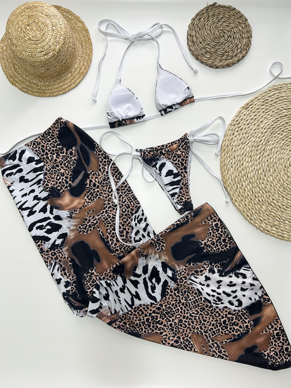 Animal Print Bikini with Triangle Bra and Skirt 3 Piece Swimwear