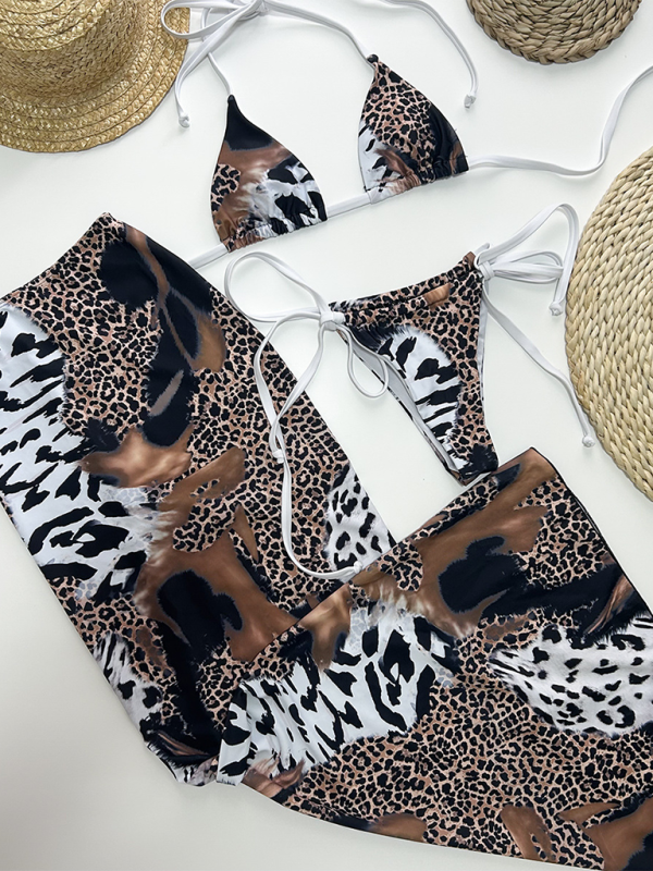 Animal Print Bikini with Triangle Bra and Skirt 3 Piece Swimwear