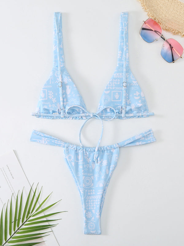 2 Piece Tropical Print Wireless Triangle Bra & Bikini Swimsuit