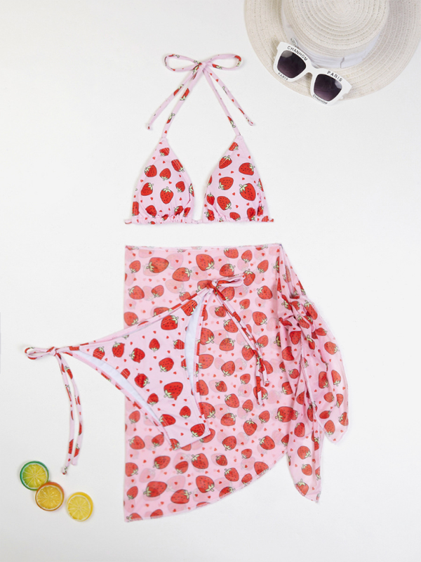 3-Piece Fruity Print Bikini Set with Cover-Up Swimwear