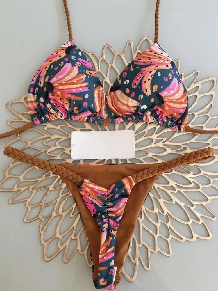 Brazilian Tiger Print Triangle Bra & Braided Micro Bikini 2 Piece