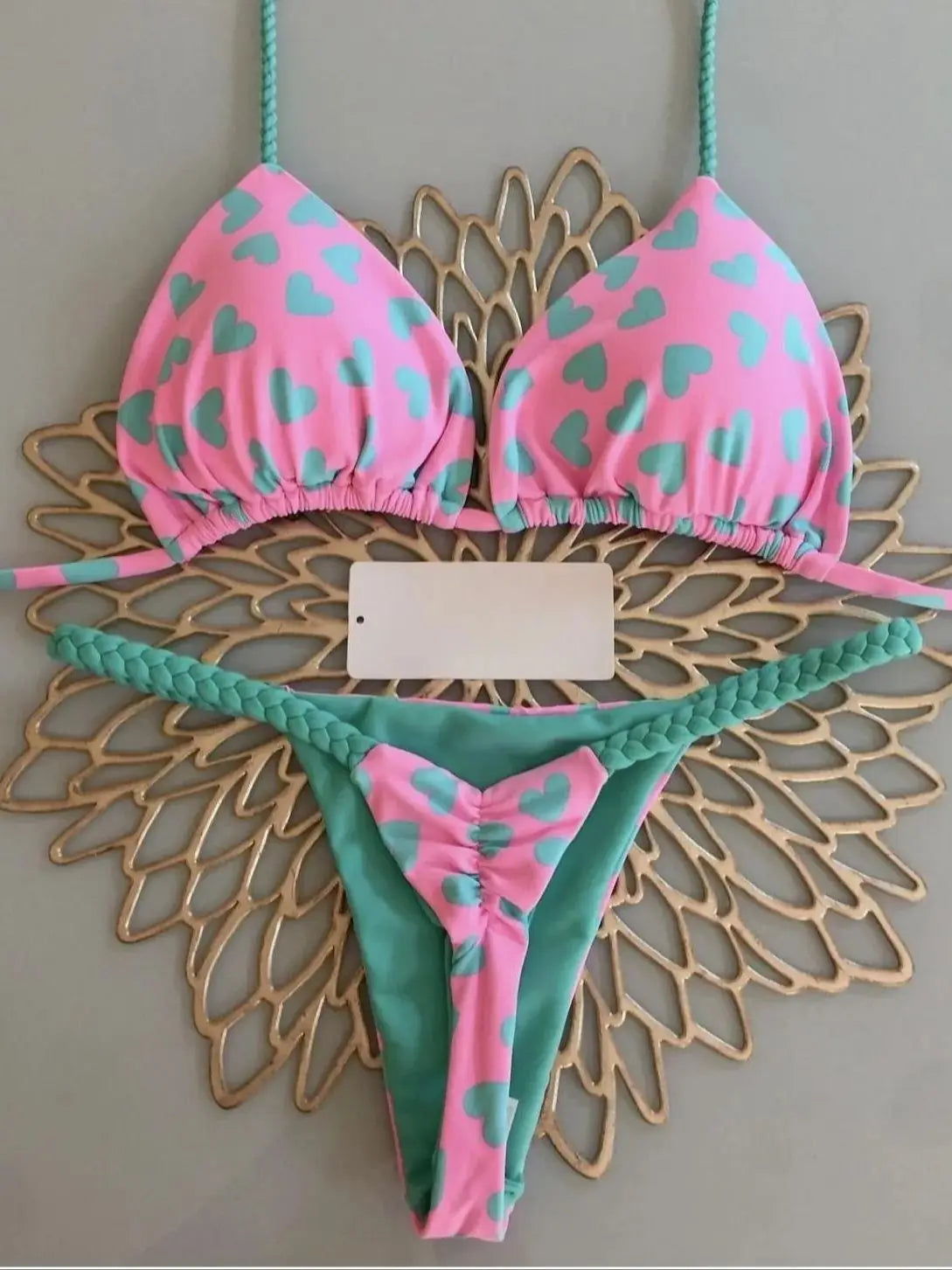 Brazilian Tiger Print Triangle Bra & Braided Micro Bikini 2 Piece