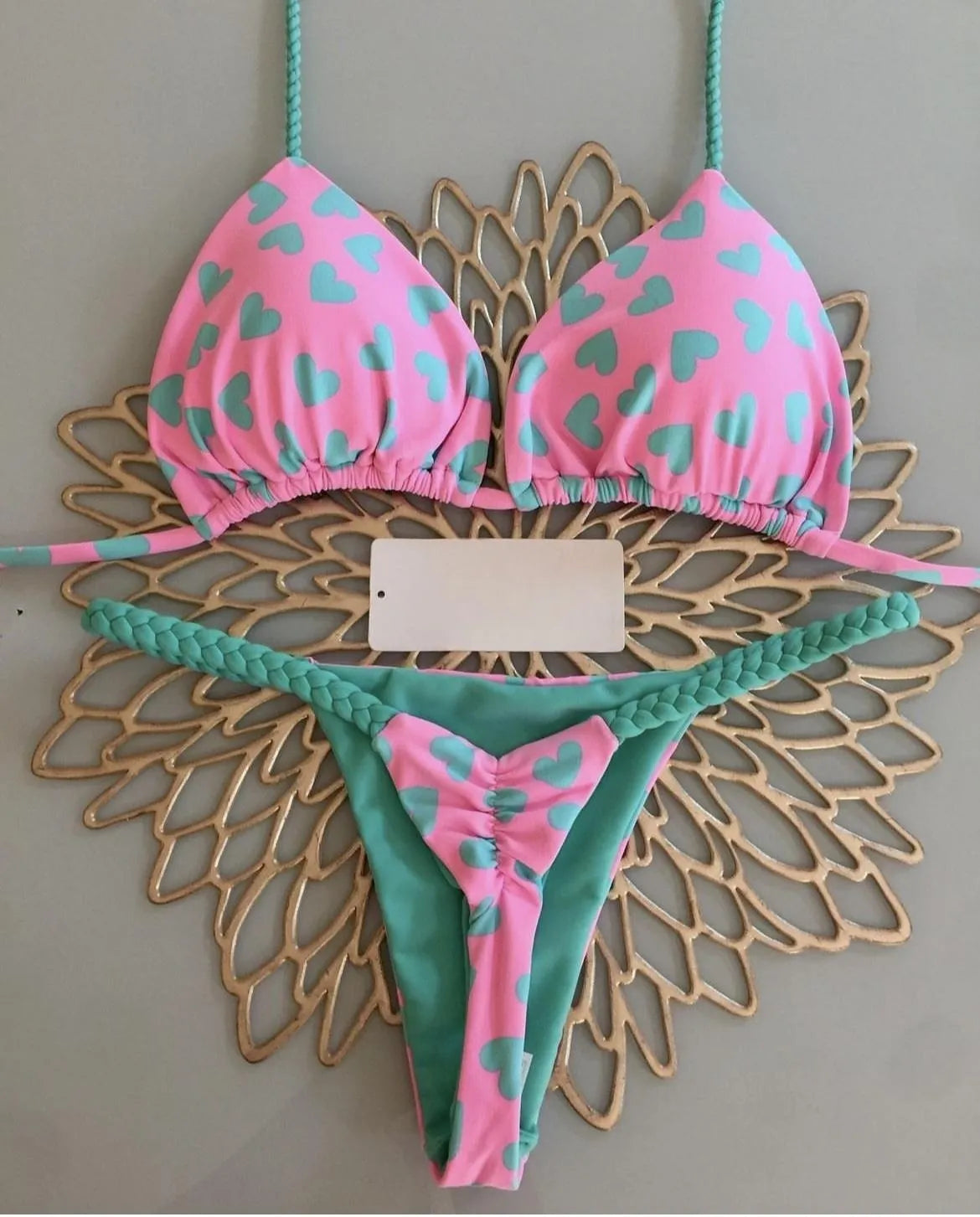 Brazilian Tiger Print Triangle Bra & Braided Micro Bikini 2 Piece