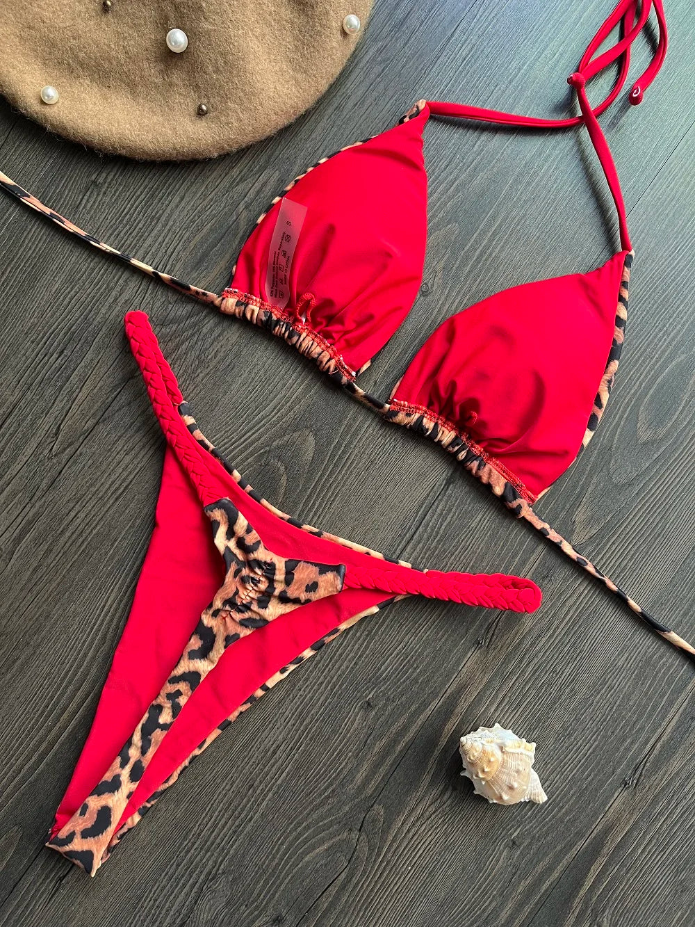 Brazilian Tiger Print Triangle Bra & Braided Micro Bikini 2 Piece