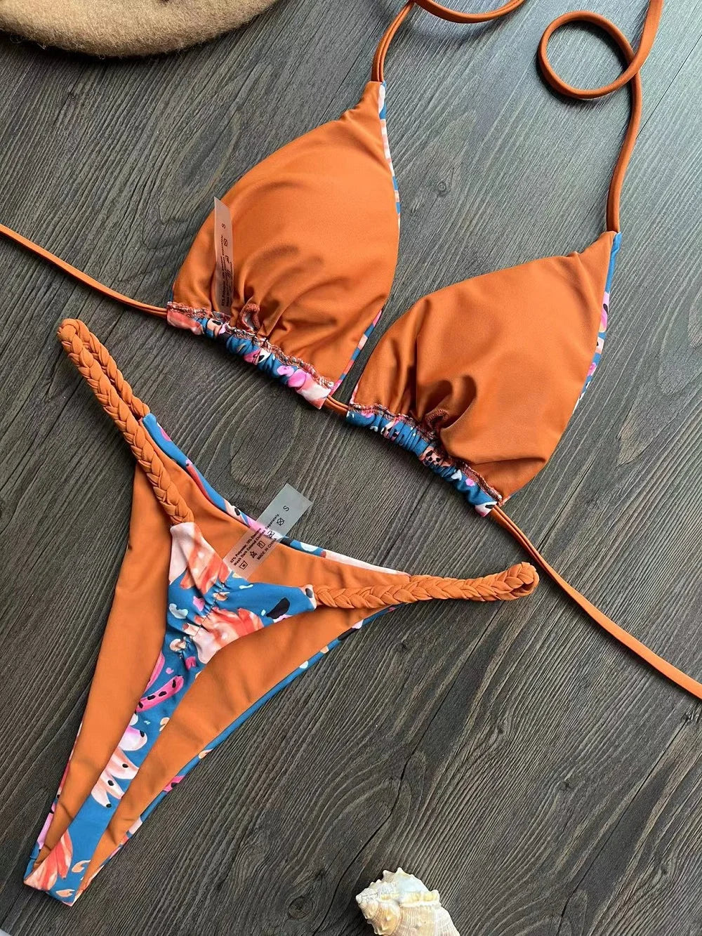 Brazilian Tiger Print Triangle Bra & Braided Micro Bikini 2 Piece